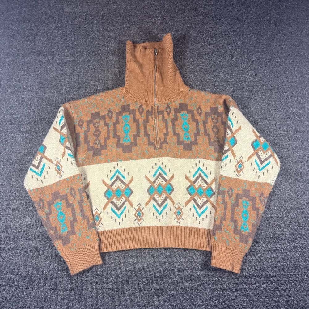 Cider Women's Tan Aztec Print Half Zip Mock Neck Sweater Size M